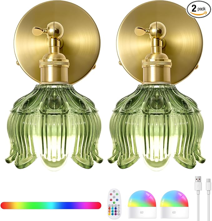Vintage Battery Operated Wall Sconces: Set of 2 Rechargeable Wireless Light | 5000mAh Green Flower Glass Cordless Lighting, Remote Control Powered Dimmable Sconce, Small Lights for Bedroom Hallway Renter