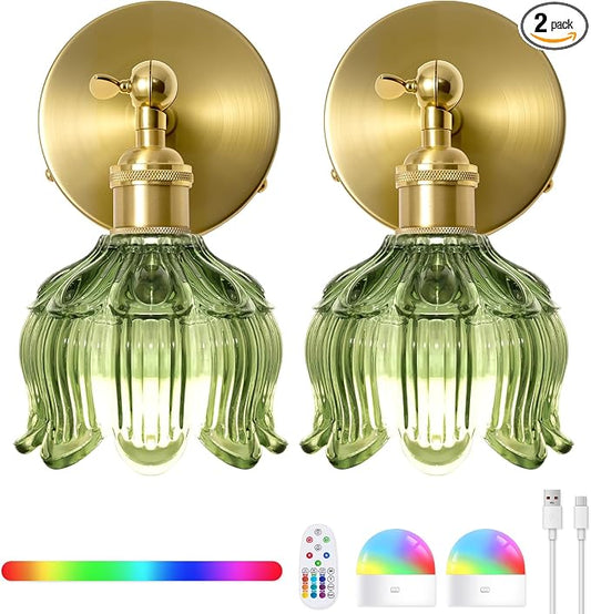 Vintage Battery Operated Wall Sconces: Set of 2 Rechargeable Wireless Light | 5000mAh Green Flower Glass Cordless Lighting, Remote Control Powered Dimmable Sconce, Small Lights for Bedroom Hallway Renter