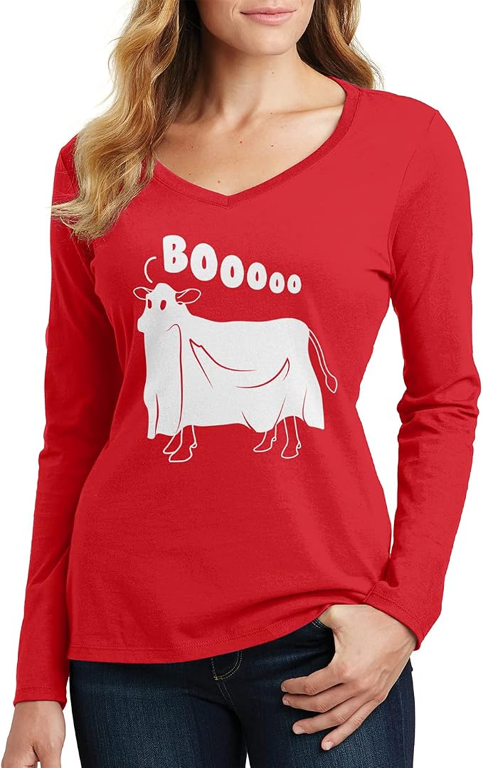 Threadrock Women's Cow Ghost Saying Moo Long Sleeve V-Neck T-Shirt