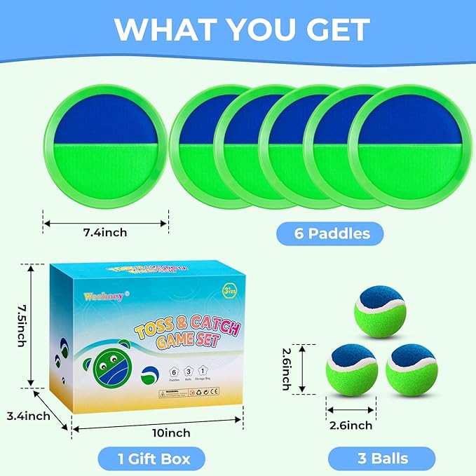 Kids Toys - Outdoor Games for Kids, Toss and Catch Ball Set with 6 Paddles 3 Balls, Gifts for 3 4 5 6 7 8+ Year Old Boys Girls Christmas Birthday, Perfect for Backyard, Parties, Camping, Family
