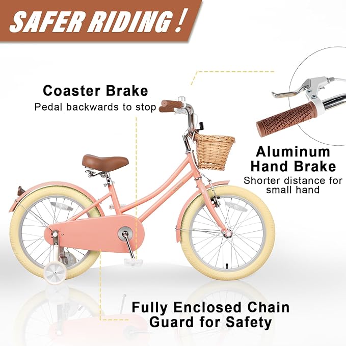 Glerc Little Molly 12-20 Inch Kids Retro Cruiser Bike for 2-13 Year Old with Wicker Basket & Training Wheels/Kickstand, Multiple Colors