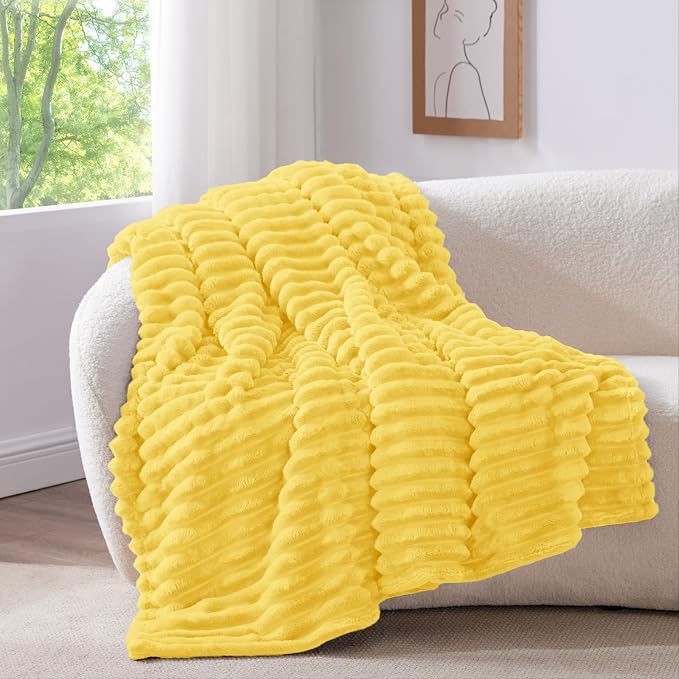 BEDELITE Striped Fleece Throw Blanket, Custard Yellow, 50"x60" | 300GSM Microfiber Fleece, Soft Cozy, Lightweight Warm, Double-Sided Plush, Machine Washable, Gift, Room Decor, for Couch Sofa