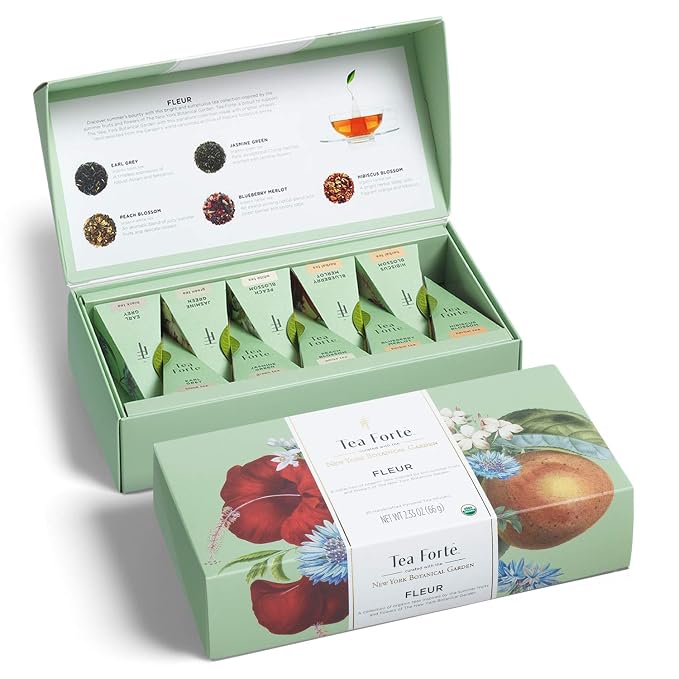 Tea Forte Premium Petite Presentation Box Gift Set Sampler, 10 Count, 2 of Each Blend Individually Wrapped Handcrafted Pyramid Infuser Bags, Fleur Tea
