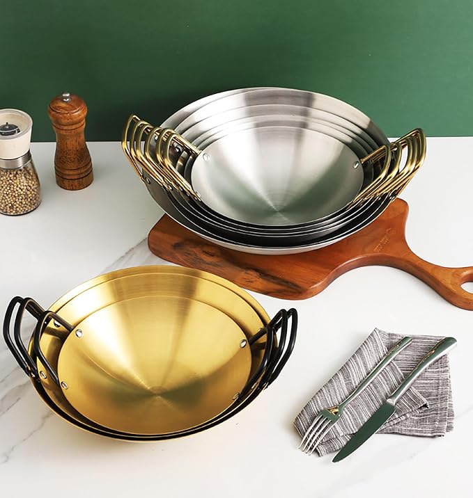 Korean Ramen Noodle Pot with Handles, Golden Pot Frying Pan Ramyun Pot Ramen Noodles Pan Soup Pan Seafood Making Seafood Pot Cooking Utensil Stainless Pot Golden Ramen Pot,Gold,11.in