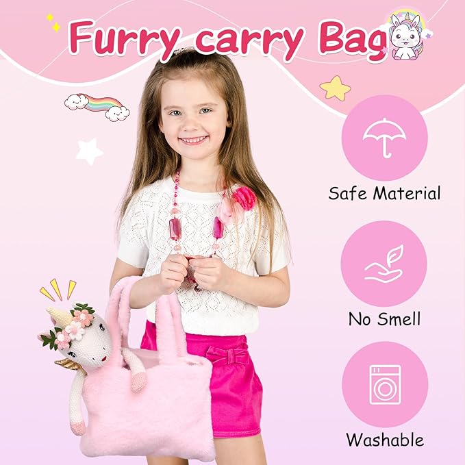 Unicorn Doll Stuffed Animal Toys for Girls - Ballerina Doll | Plush Carrier Bag | 3 Set Cloth Accessories, Kids Pretend Play Crochet Gifts, Birthday Gift for 3 4 5 6 Year Old Little Girl Unicorn Toys