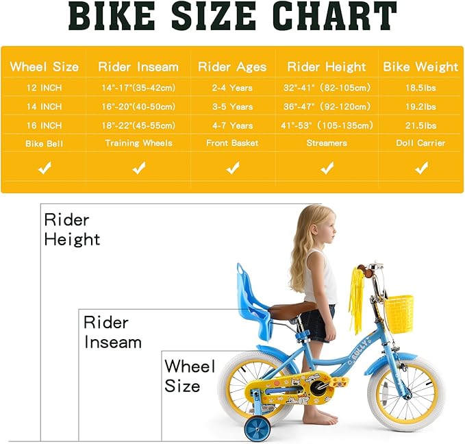 RULLY 12-16 Inch Girls Bike with Doll Seat Basket and Training Wheels for 2-6 Years Children