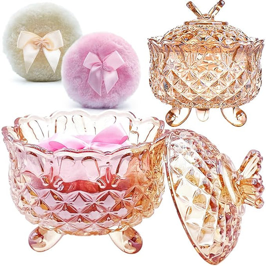 4" Glass Dusting Powder Container with 2 Fluffy Puffs,Cute 3.5" Soft Body Powder Puff and Jar Set(Butterfly-amber)