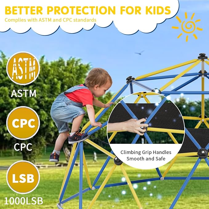 Climbing Dome,10FT Dome Climber with Hammock, Outdoor Play Equipment for 3 to 10 Children, Supports Jungle Gym up to 1,000 lbs, Rust Resistant, Easy to Assemble, Gift for Kids, Blue+Yellow