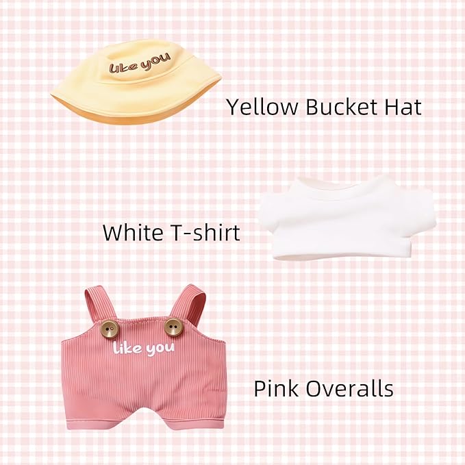 17cm Doll Designer Clothes Set, Labooboo Doll Outfit Set Accessories with Tshirt, Pink Overall, Pink Camera, Glasses, Shoes, Yellow Bucket Hat, Pink