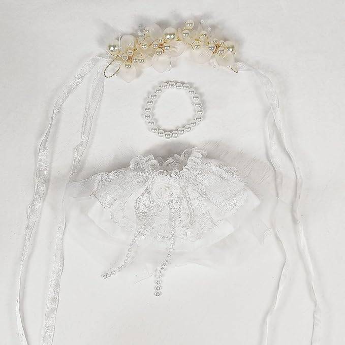Doll Clothes – Wedding Bliss Gown Set for 17cm LBB, Including a White Veil, Pearl Necklace, Floral Wedding Dress, and Pearl-Adorned Headdress – Doll Not Included