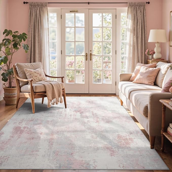 4x6 Ft Area Rugs for Living Room, Soft Non-Slip Washable Rugs Modern Abstract Pattern Carpet for Bedroom Indoor Floor Nursery Home Decor (Pink)