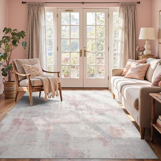 4x6 Ft Area Rugs for Living Room, Soft Non-Slip Washable Rugs Modern Abstract Pattern Carpet for Bedroom Indoor Floor Nursery Home Decor (Pink)