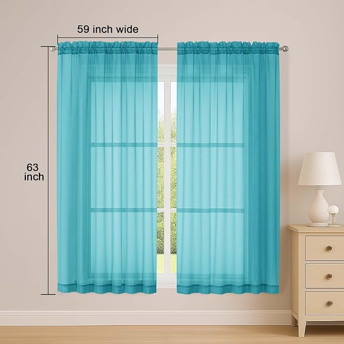 OWENIE Sheer Turquoise Curtains, Sheer Curtains 63 inch Length 2 Panels Set, Rod Pocket Voile Fimly Sheer Drapes for Living Room Bedroom, 2pcs, Turquoise, Each 59" W x 63" L