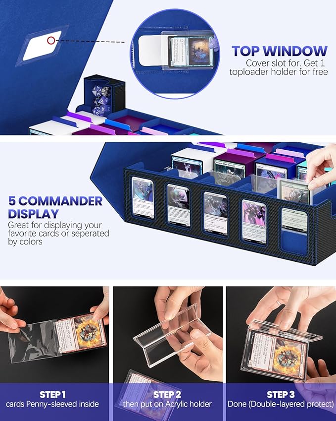 Trading Card Storage Box, 5 Row Card Deck Case with Commander Display & Portable Handle, 4200+ Card Deck Boxes Compatible for MTG TCG Magic Cards, 30 Divider, 8 Supporters, 1 Dice Tray (Black & Blue)