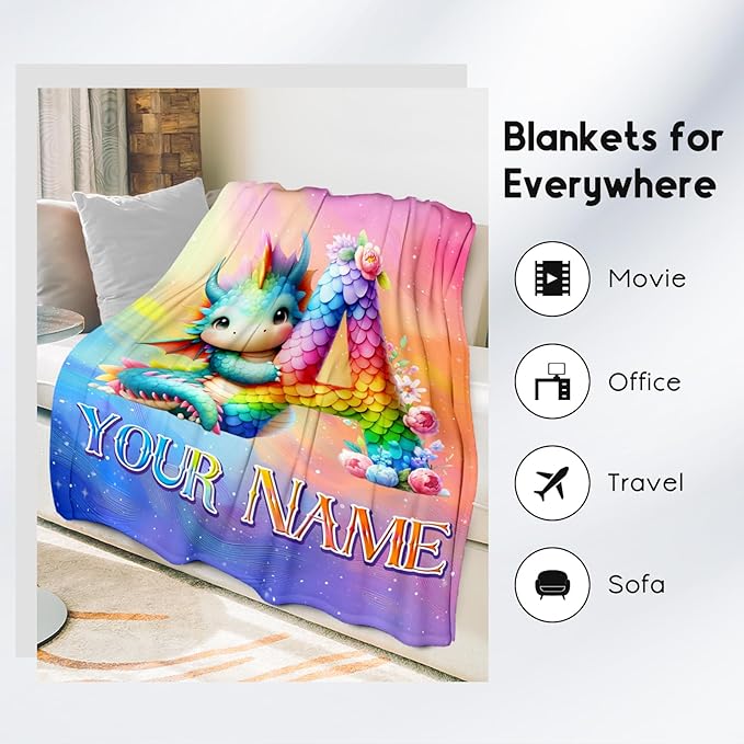 Custom Blanket with Name for Girls & Boys - Dragon Blankets Gifts for Dragon Lovers - Personalized Initial Throws for Daughter Son - 60"x80" Kids Throw for Bed, Living Room