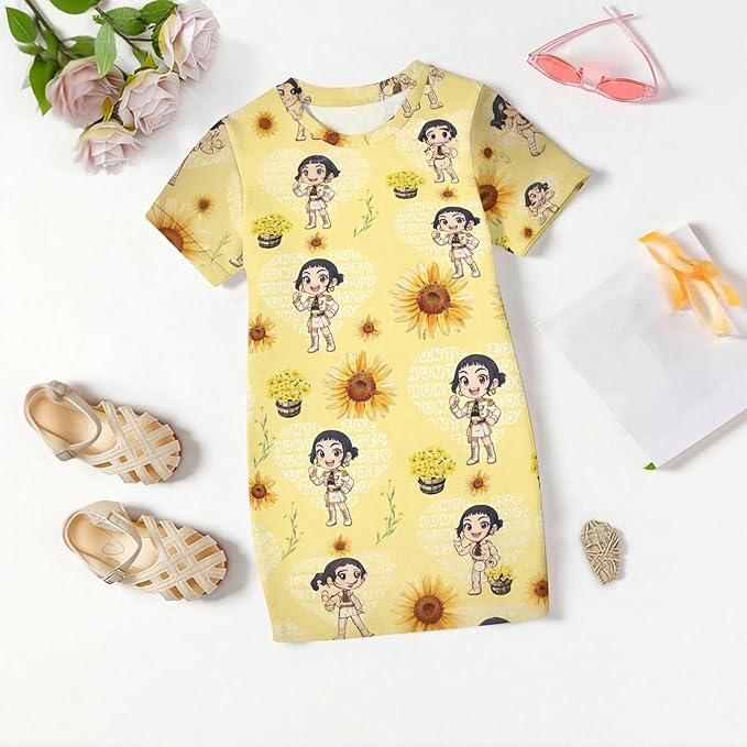 Girl's Anime K-POP Graphic Long Dress T-Shirt - Casual Loose Fit Short Sleeve Top