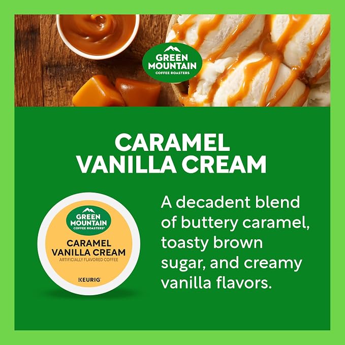 Green Mountain Coffee Roasters Caramel Vanilla Cream, Single-Serve Keurig K-Cup Pods, Flavored Light Roast Coffee Pods, 32 Count
