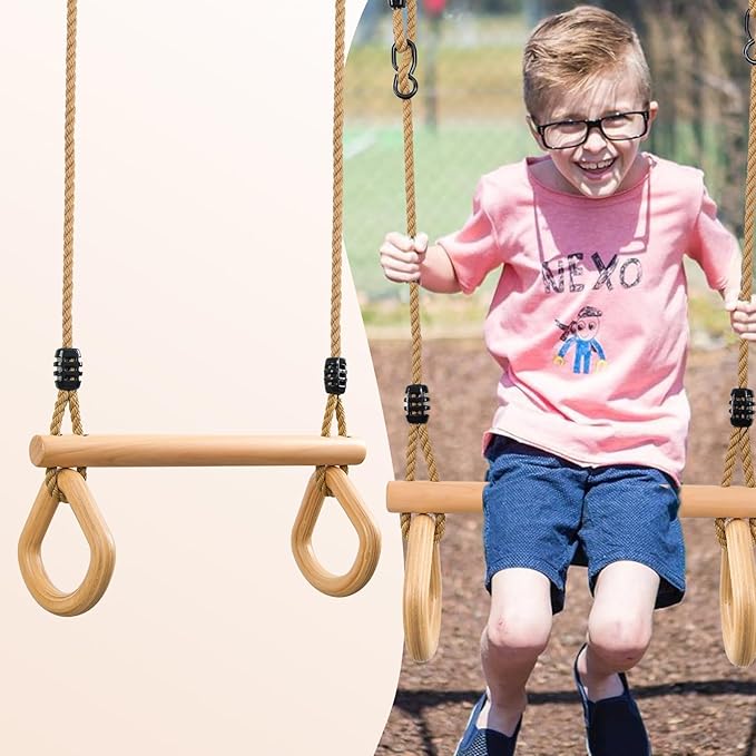 YAERSI Children's Trapeze Swing Bar with Wooden Gym Rings,Trapeze Bar for Swing Set （Water Drop）