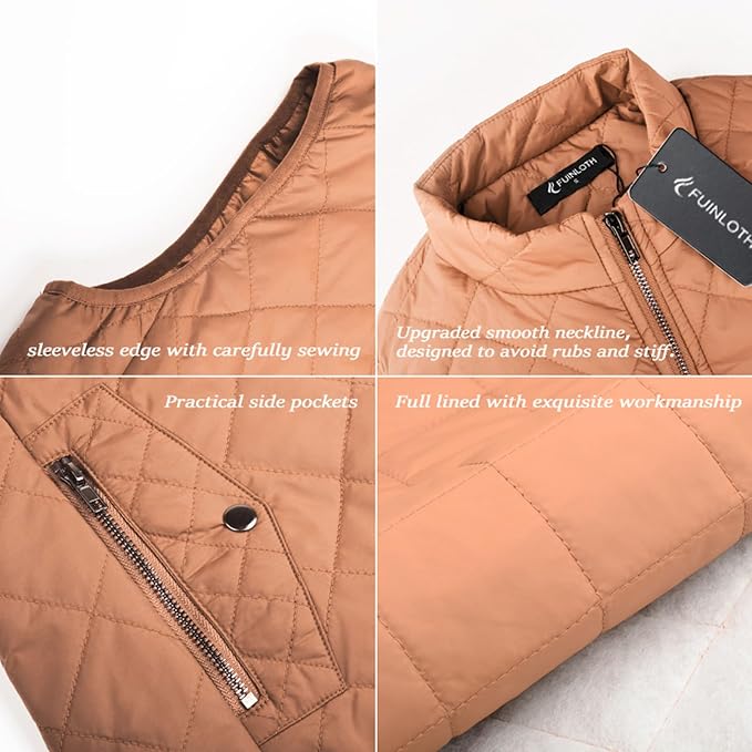 Fuinloth Women's Quilted Vest Lightweight Puffer Stand Collar Zip Gilet | 4 pockets with 2 inner storage. Quilted padded warm gilet. Fall winter outerwear layering vest for travel hiking daily wear.