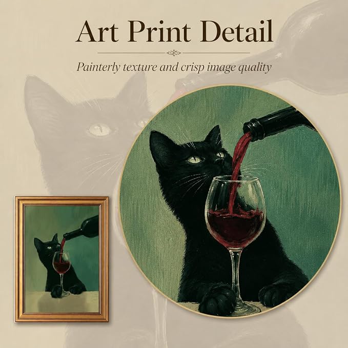 Framed Black Cat Canvas Wall Art,Funny Animal Picture Wall Decor 16x12in | Whimsical Cat Canvas Print,Vintage Cottagecore for Kitchen, Dining Room, Home Bar, Study or Cat Lover