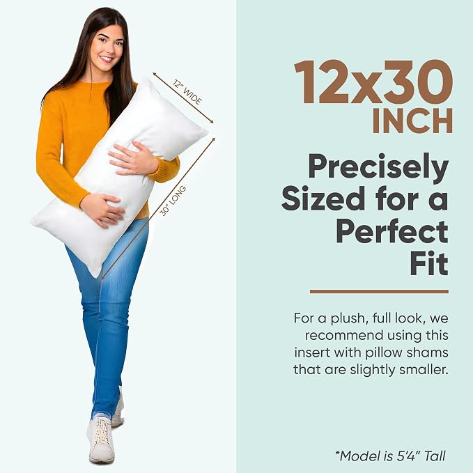 Pillowflex Synthetic Down Pillow Insert 12x30 in - Karate Chop Pillow | Large Rectangle Sham Form, Plush Polyester Cotton Blend, Cloud-Like Comfort, Clump-Resistant Fill, Smooth Elegant Finish