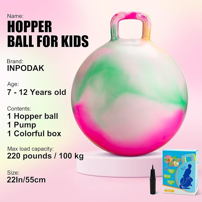 Hopper Ball 22 Inch Bouncy Ball with Handle for Kids, Hippity Hop Jumping Bounce Hopping Toy for Boys Girls Ages 7-12 with Pump and Gift Box Great Gift for Birthday Holiday (Pink)