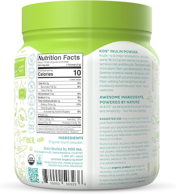 KOS Organic Inulin Powder, Unflavored & Unsweetened Superfood - Vegan Inulin for Prebiotic Intestinal Support, Digestive Health Promoting - USDA Certified, Non-GMO, Soy & Gluten-Free, 112 Servings Bag