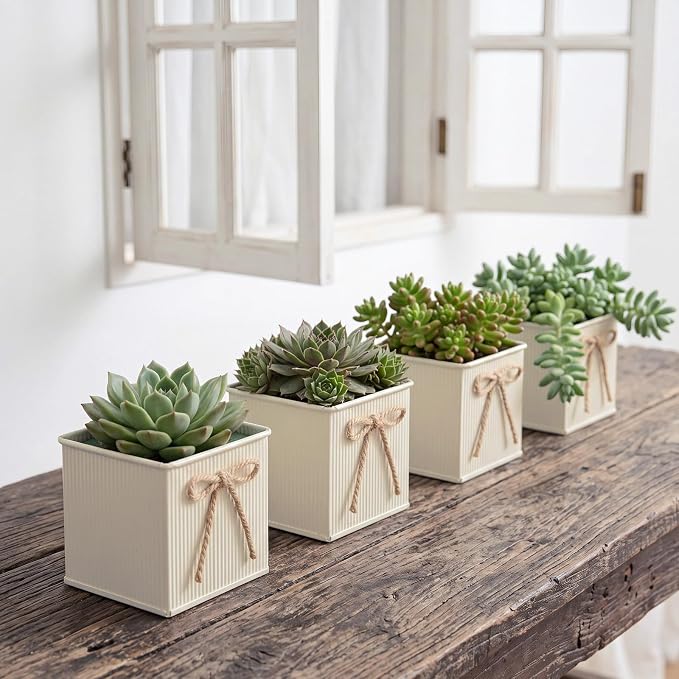 12 Pack Galvanized Square Vases with Floral Foam, 3.5 inch Waterproof Rustic Tin Buckets with Twine Bows, Mini Farmhouse Metal Planter Centerpieces for Wedding Party Table Decor (Beige)