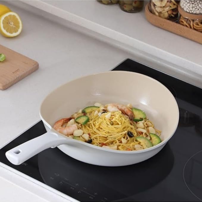 Neoflam Vulcan Ivory 11" Nonstick Frying Wok Pan with Ergonomic Handle, Cast Aluminum, Lightweight Ceramic Coated Skillet, PFAS PFOA Free, Induction Ready, Made in Korea