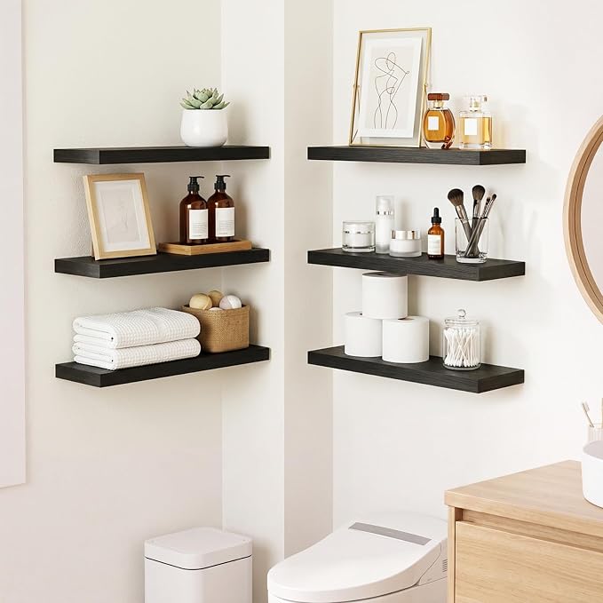 Fixwal Black Shelves, 15.7in Floating Shelves, Farmhouse Shelf Wall Decor for Bathroom, Bedroom, Living and Kitchen Set of 6