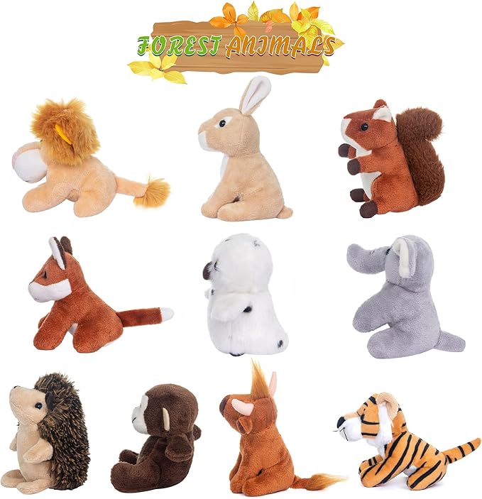 My OLi 10 Pack Plush Wild Animals Toys - 3.5 Inch Jungle Stuffed Animal Bulk Toys for Kids: Tiger Lion Elephant Monkey Hedgehog Rabbit Squirrel Owl Fox Bison