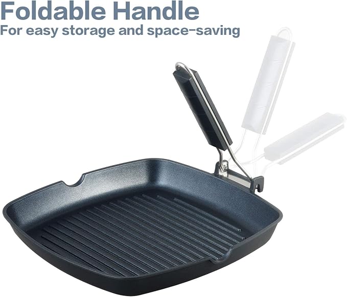 S·KITCHN Grill Pan with Folding Handle, Nonstick Grilling Pan for Stove Tops, Induction Compatible Square KBBQ Pan with Pour Spouts - 9IN