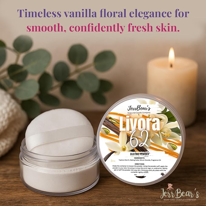 Liyora 62 Dusting Powder for Women, 4oz Jar | Talc Free Body Formula, Soft Scented Skin Care, Gentle Powder for Daily Freshness, Includes Puff Application