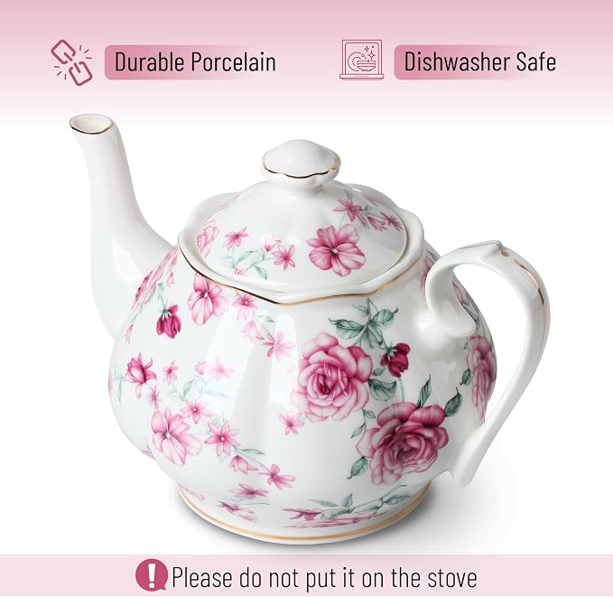 BTaT- Floral Tea Pot with Gift Box, 38 oz, White with Pink Roses & Gold Trim, Porcelain Teapot Ceramic, Dishwasher Safe