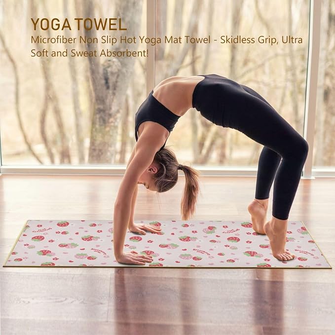 Non Slip Yoga Towel 73 x 27 in Strawberry Sweat Absorbent Yoga Mat Towel for Hot Yoga, Pilates and Workout