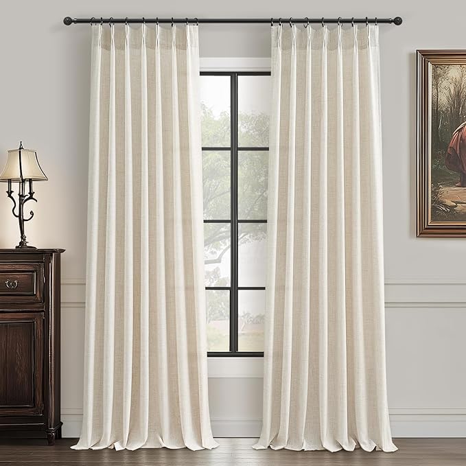 Extra Long 144 Inch Pinch Pleated Light Filtering Large Curtains for Living Room, Birch Memory Trained Natural Linen Sheer Floor to Ceiling Windows Drapes 2 Panel Set 11FT Length Decorative Curtain