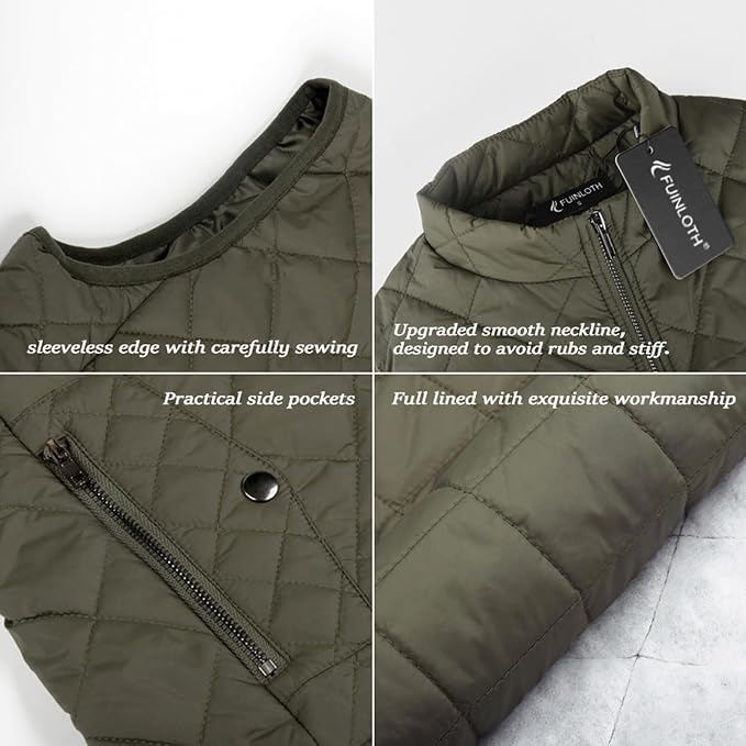 Fuinloth Women's Quilted Vest Lightweight Puffer Stand Collar Zip Gilet | 4 pockets with 2 inner storage. Quilted padded warm gilet. Fall winter outerwear layering vest for travel hiking daily wear.