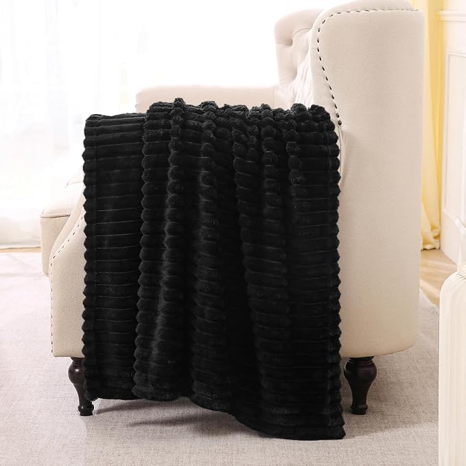 Black Fleece Throw Blanket 108”×90” for Couch Sofa Livingroom | Super Soft Cozy Plush Microfiber Flannel Bed Blanket Striped Design Lightweight Home Decor Gifts for Adults Mom Women