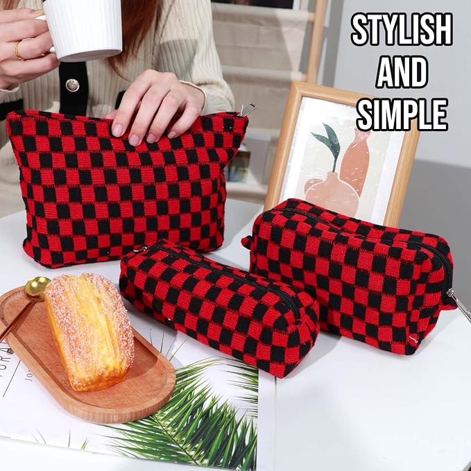 3 Pcs Makeup Bag Cosmetic Bag Set for Girls Women Checkered Travel Organizer Bathroom Toiletry Pouch Large Capacity Storage Bag(Red-Black)