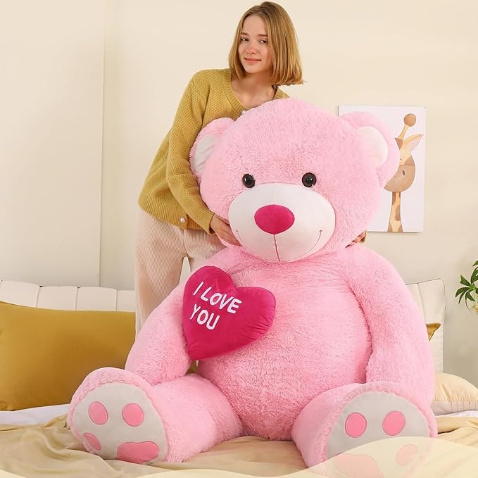 Tezituor Giant Teddy Bear Stuffed Animal 5Ft with Heart,Large Pink I Love You Bear Plush Toys for Kids Gift for Girlfriend