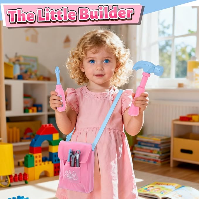 Magic4U Kids Tool Set with Tool Bag & Tape Measure, Toddler Tool Set Pretend Play Construction Toys,Ideal Birthday for Kids Age 3-6 Years Old (Pink)
