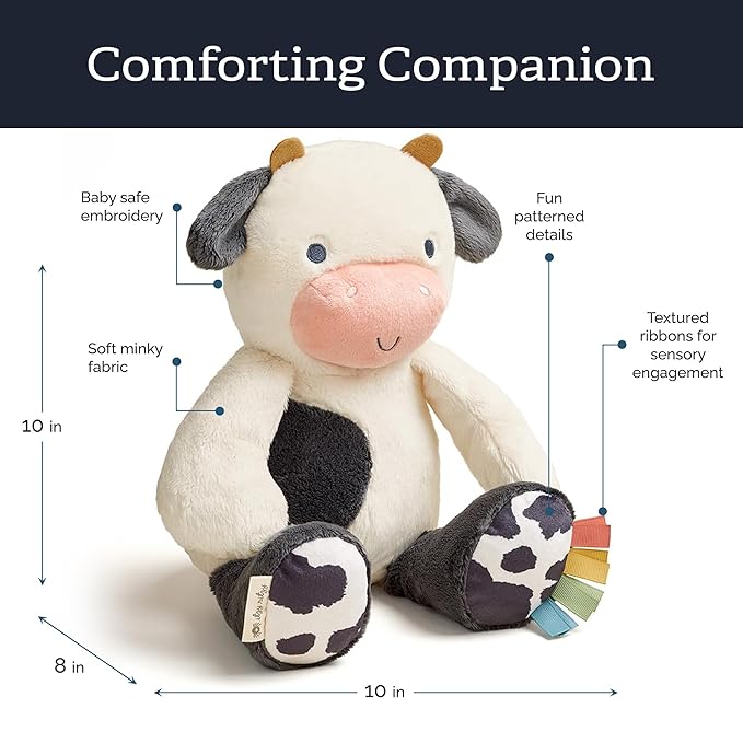 Itzy Ritzy Snuggles Plush Toy – Soft Stuffed Animal for Babies, Kids & Adults – Sensory Ribbons & Textured Fabrics for Tactile Play – Cozy & Cuddly Companion for Newborns & Up (Cow)