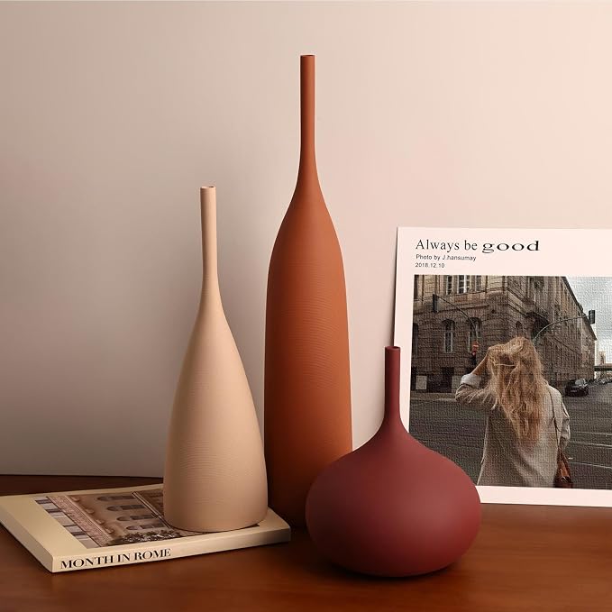 Ceramic Vases Set of 3, Modern Boho Vases for Centerpiece Decor, Matte Minimalist Decorative Vases for Home Decor, Living Room, Bookshelf, and Entryway Table Decor (Multicolor-1)