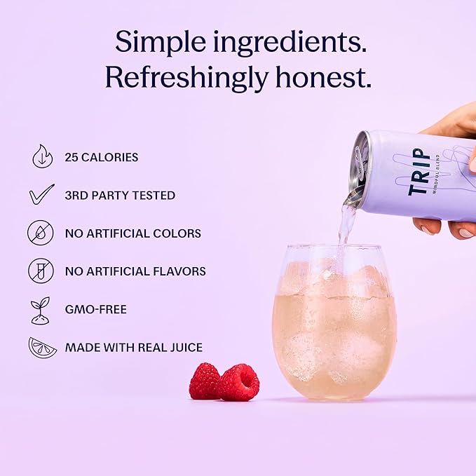 TRIP Lightly Sparkling Adaptogen Drink, Non Alcoholic Drink with Magnesium, Ashwagandha, Lions Mane & L Theanine, No Added Sugar Mocktail, Vegan, Raspberry Blossom, 12 Oz, 12Pk