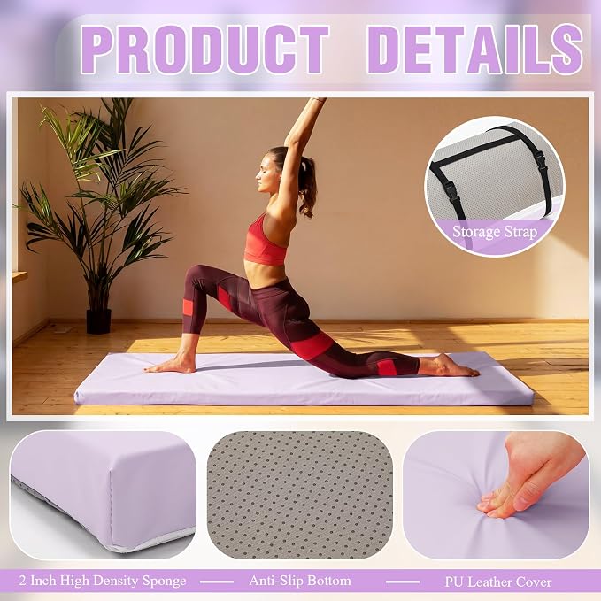 Lyrow 2 Inch 72"x24" Thick Foldable Yoga Mat with Carry Strap, Non-slip Portable Foam Gym Mat for Yoga, Pilates and Stretching
