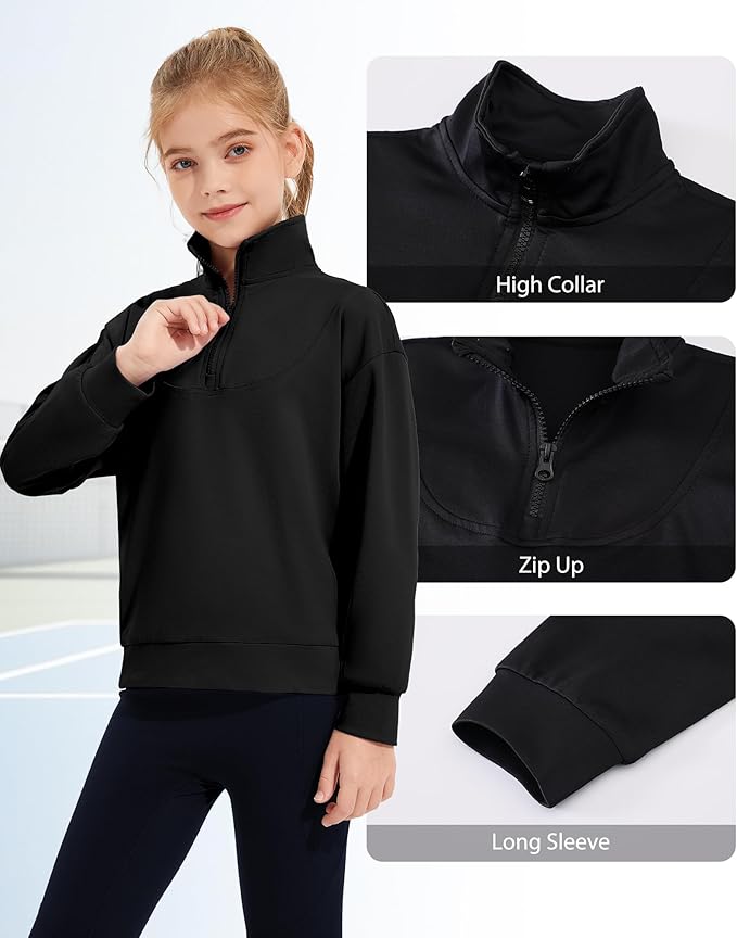 Girls Quarter Zip Sweatshirt Long Sleeve Pullover Tops Kids Casual Spring Outfits for Teen Girls, 5-14 Years