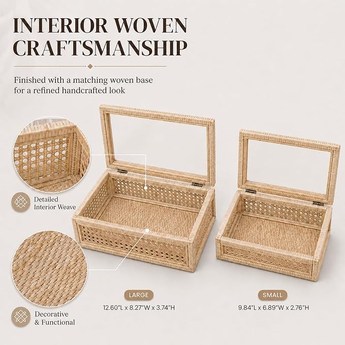 Rattan Decorative Boxes with Glass Lids | Set of 2 Handwoven Wood Display Storage Box for Keepsakes,Shelf Bedroom Coffee Table Home Decor, Boho Style
