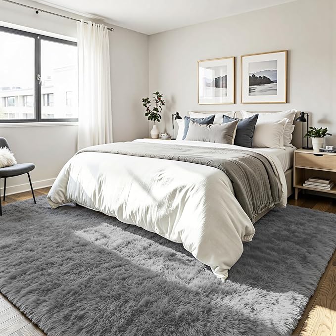 5x7 Area Rug for Living Room, Ultra Soft Fluffy Light Grey Rugs for Bedroom, Non Slip Large Shag Carpet, Fuzzy Plush Nursery Rug, Thick Washable Indoor Floor Carpets for Kids Office Dorm Home Decor