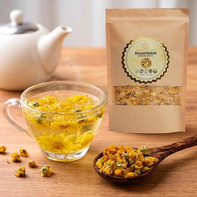 Cure Wid Pure | Top Grade Dried Chrysanthemum Flowers 4oz | Hand-Picked & Sun-Dried Organic Chrysanthemum Tea Loose Leaf from Pakistan | Non-GMO Caffeine Free Herbal Tea Supports Immunity & Eye Health