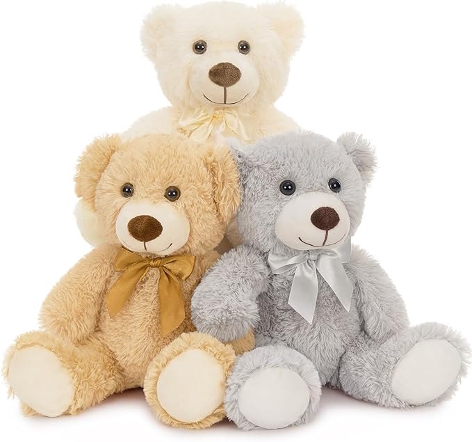 MaoGoLan 3 Pieces Bulk Teddy Bears Stuffed Animals Baby Shower, Soft Small Stuffed Teddy Bears in Bulk, 13.5" Cuddly Mini Bears Centerpiece,Wedding,Party,Engagement,Tan,Beige,Gray